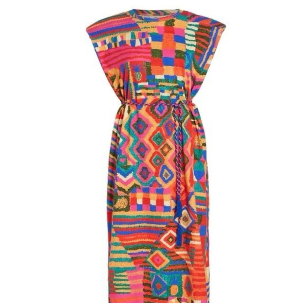 Farm Rio Patchwork Print Sleeveless Midi Dress Multi-Color Braided Tassel Belt - Picture 10 of 12